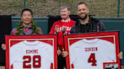 Former Huskers Shane Komine and Alex Gordon are two of the first three Nebraska baseball players to have their jersey retired on March 24, 2023.