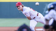 Arkansas Razorbacks pitcher Cole Gibler delivers a throw against the Tennessee Volunteers at Baum-Walker Stadium in Fayetteville, Ark.