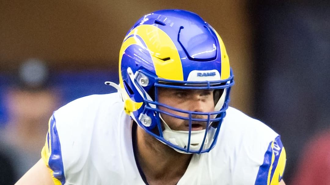 Dec 7, 2025; Glendale, Arizona, USA; Los Angeles Rams  offensive lineman Coleman Shelton (65) against the Arizona Cardinals at State Farm Stadium. Mandatory Credit: Mark J. Rebilas-Imagn Images
