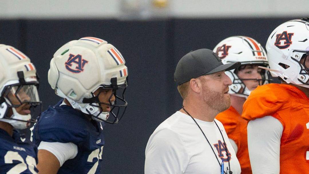 Auburn Tigers head coach Alex Golesh watches on during practice at Woltosz Football Performance Center in Auburn, Ala. on Thursday, April 16, 2026.