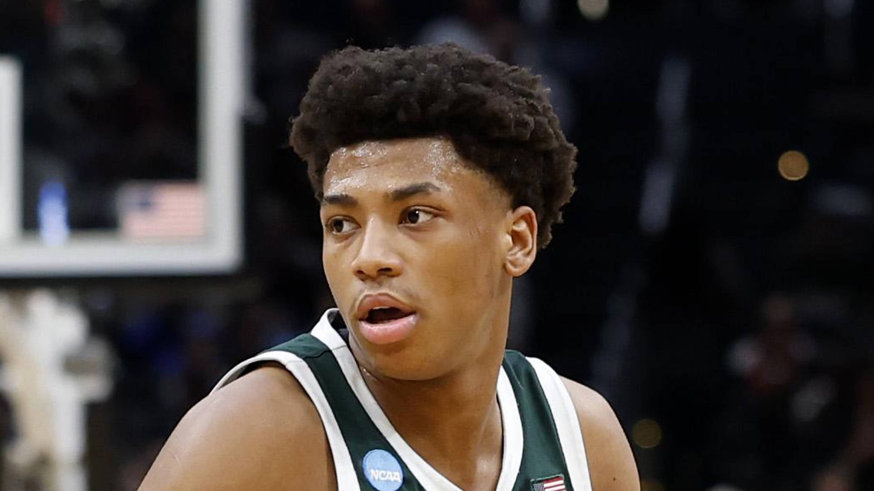 Mar 27, 2026; Washington, DC, USA; Michigan State Spartans guard Jeremy Fears Jr. (1) dribbles the ball against the UConn Huskies in the first half during a Sweet Sixteen game of the East Regional of the men's 2026 NCAA Tournament at Capital One Arena.