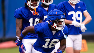 Florida safety R.J. Moten runs a drill during the first practice of the season at Sanders Practice Fields in Gainesville, FL on Monday, July 31, 2023. [Doug Engle/Gainesville Sun]