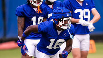 Florida safety R.J. Moten runs a drill during the first practice of the season at Sanders Practice Fields in Gainesville, FL on Monday, July 31, 2023. [Doug Engle/Gainesville Sun]