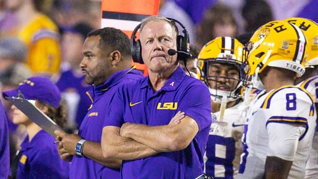 LSU coach Brian Kelly looks on during the second half against Ole Miss