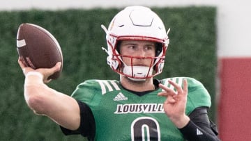 Louisville football quarterback Tyler Shough (9) runs drills during spring practice on Saturday, March 23, 2024 at the Trager practice facility in Louisville, Ky.