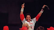 Text: world series /oct. 1990; barry larkin leaps in celebration after the reds sweep oakland to win the 1990 world series. cincinnati enquirer photo by gary landers. gl

Text World Series Oct 1990 Barry Larkin Leaps In Celebration After The Reds Sweep Oakland To Win The 1990 World Series Cincinnati Enquirer Photo By Gary Landers Gl