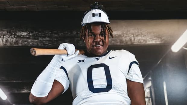 Defensive lineman Amir Leonard-Jean Charles during his visit to West Virginia (WVU Athletics Communications).