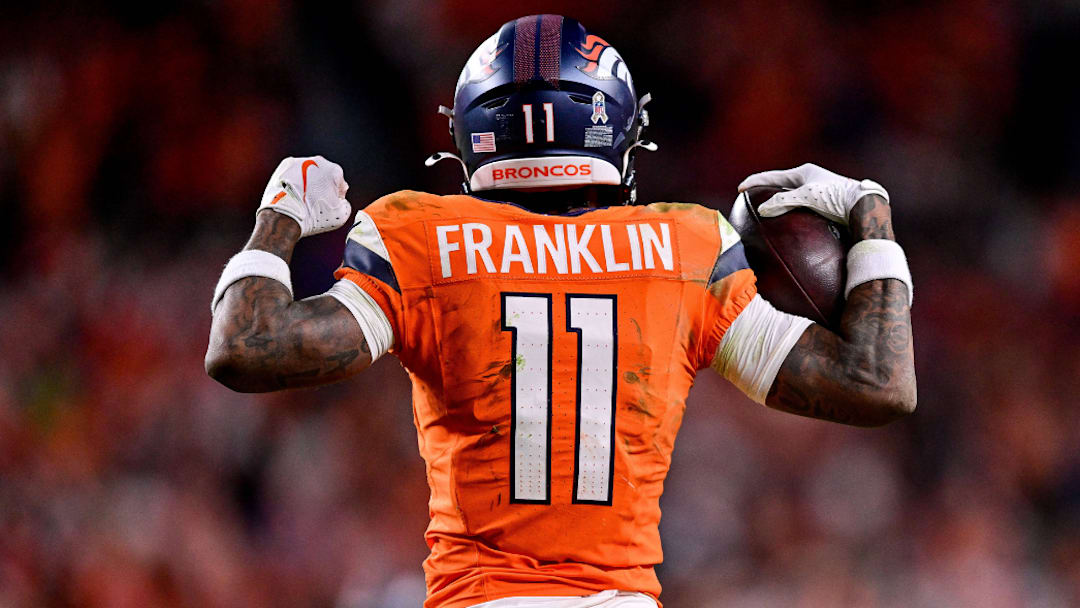 DENVER, CO - NOVEMBER 16: Denver Broncos wide receiver Troy Franklin (11) celebrates after a fourth quarter catch and first down in the fourth quarter during a game between the Kansas City Chiefs and the Denver Broncos at Empower Field at Mile High on November 16, 2025 in Denver, Colorado.