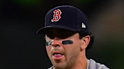 Boston Red Sox second baseman Marcelo Mayer (39) fields the single of Los Angeles Angels center fielder Jo Adell (7) during the seventh inning at Angel Stadium on June 24. 