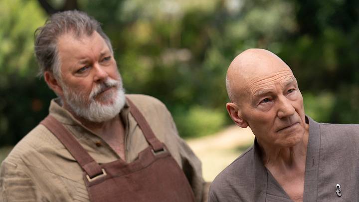 "Nepenthe" -- Episode #107 -- Pictured (l-r): Jonathan Frakes as Riker; Sir Patrick Stewart as Jean-Luc Picard; of the the CBS All Access series STAR TREK: PICARD. Photo Cr: Aaron Epstein/CBS ©2019 CBS Interactive, Inc. All Rights Reserved.