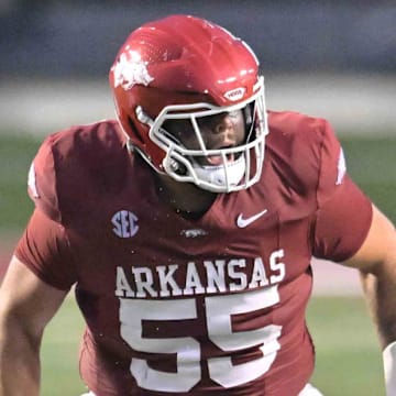 Arkansas Razorbacks offensive lineman Fernando Carmona drops back in pass protection against UAPB at War Memorial Stadium in Little Rock, Ark.