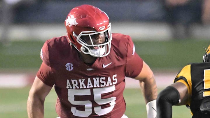 Arkansas Razorbacks offensive lineman Fernando Carmona drops back in pass protection against UAPB at War Memorial Stadium in Little Rock, Ark.