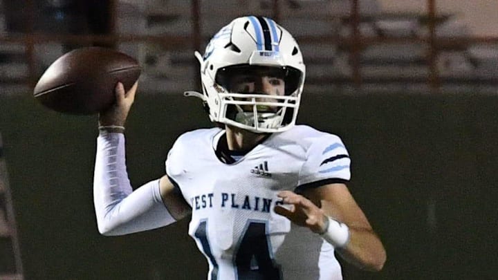 Canyon West Plains' Reid Macon looks to throw during a playoff game against Glen Rose at Memorial Stadium in 2023. Macon was 7-for-7 passing with 3 touchdowns in a bi-district win on Nov. 13. 