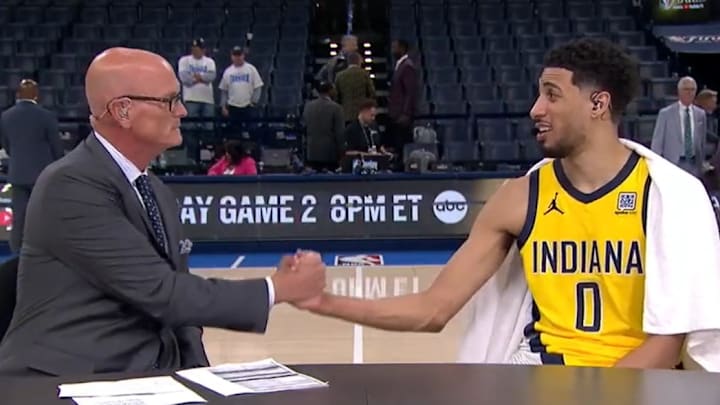 ESPN's Scott Van Pelt and Indiana Pacers guard Tyrese Haliburton after Game 1 of the 2025 NBA Finals.