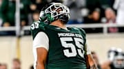 Michigan State's Ben Roberts celebrates his sack against Ohio State during the second quarter on Saturday, Sept. 28, 2024, at Spartan Stadium in East Lansing.