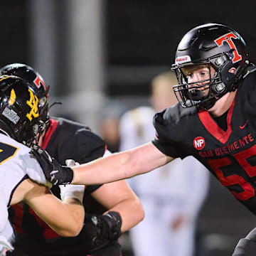 San Clemente offensive lineman Ben McNamara blocks during a 2024 game. San Clemente is playing in the CIF Southern Section Division 2 finals on Nov. 29. 