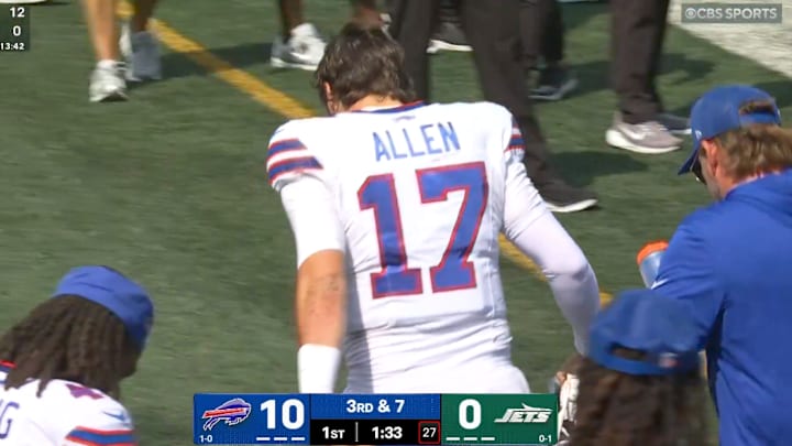 Bills quarterback Josh Allen left the game momentarily with a bloodied nose. 