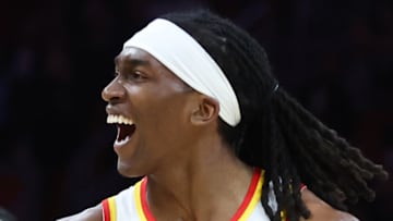 Terance Mann #14 of the Atlanta Hawks reacts against the Miami Heat.