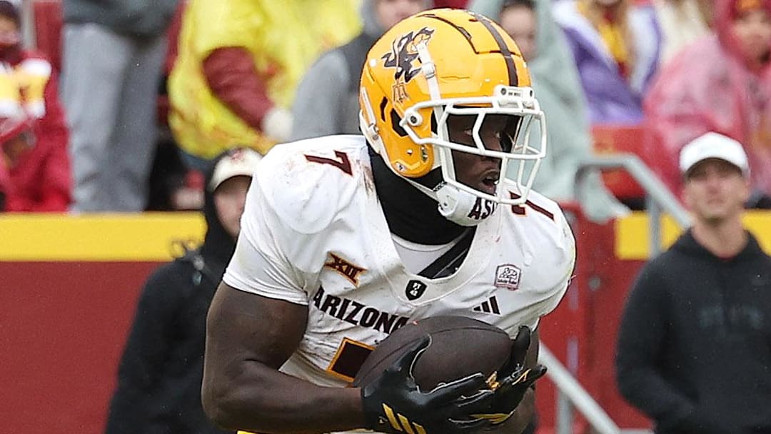 Nov 1, 2025; Ames, Iowa, USA; Arizona State Sun Devils tight end Chamon Metayer (7) catches a pass against the Iowa State Cyclonesduring the first half at Jack Trice Stadium. Mandatory Credit: Reese Strickland-Imagn Images