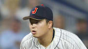 Japan third baseman Munetaka Murakami stands at third base during a World Baseball Classic game against USA on March 21, 2023, at loanDepot Park.