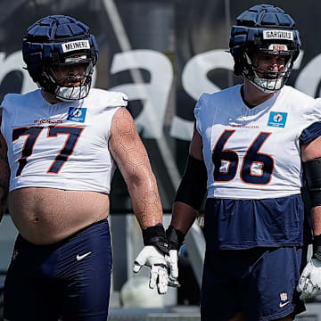 Jul 23, 2025; Englewood, CO, USA; Denver Broncos guard Quinn Meinerz (77) and guard Nick Gargiulo (66) during Denver Broncos Training Camp. 