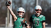 Louisville QB Miller Moss (7) passes during practice outside the Trager Center in Louisville, Ky. on Mar. 1, 2025.