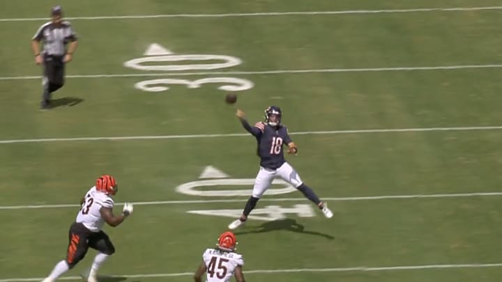 Chicago Bears quarterback Caleb Williams throws across his body to Rome Odunze (not pictured) in the NFL preseason. 