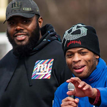 NY Giants player Anthony Johnson talks to students during the Section 1 flag football clinic at Somers High School in Lincolndale, NY on Saturday, March 22, 2025.