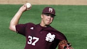 Mississippi State Bulldogs pitcher Caleb Reed (37) delivers a pitch against the Southern Miss Golden Eagles during the ninth inning of the Atlanta regional of the 2011 NCAA baseball tournament at Russ Chandler Stadium. Mississippi State defeated Southern Miss 3-0.