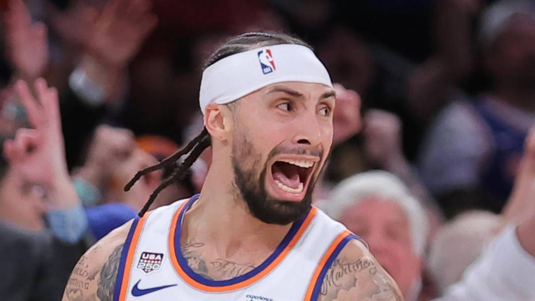 Jun 10, 2026; New York, New York, USA; New York Knicks guard Jose Alvarado (5) reacts in the fourth quarter against the San Antonio Spurs during game four of the 2026 NBA Finals at Madison Square Garden. Mandatory Credit: Brad Penner-Imagn Images