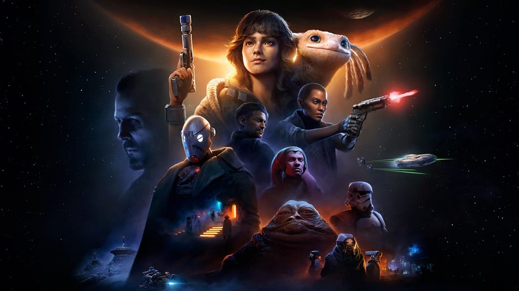 Star Wars Outlaws poster showing some of the game's principal characters.