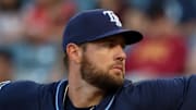 Tampa Bay Rays starting pitcher Adrian Houser (37) pitches during the first inning against the Los Angeles Angels at Angel Stadium. 