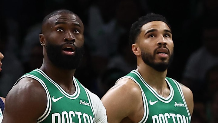 Mar 6, 2026; Boston, Massachusetts, USA; Boston Celtics guard Jaylen Brown (7) and forward Jayson Tatum (0) watch the Jumbotron during the second quarter against the Dallas Mavericks at TD Garden. Mandatory Credit: Winslow Townson-Imagn Images