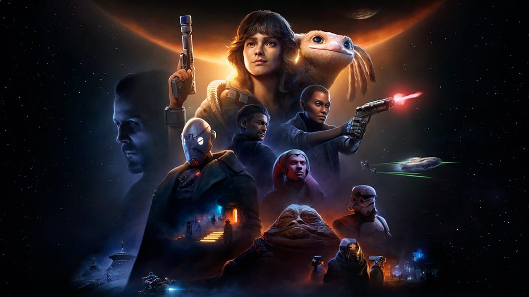 Star Wars Outlaws poster showing some of the game's principal characters.