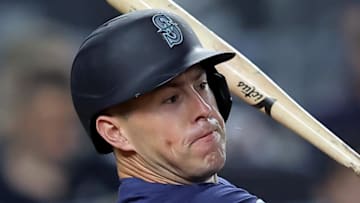 Seattle Mariners second baseman Dylan Moore hits during a game against the New York Yankees on July 8 at Yankee Stadium.