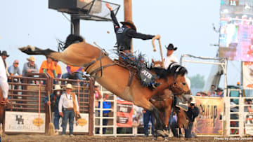 PRCA World Champion Saddle Bronc Rider Zeke Thurston makes a 91-point winning ride on Burch Rodeo’s Lunatic From Hell at the World Famous Miles City (Mont.) Bucking Horse Sale Matched Xtreme Bronc Ride.