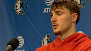 Cooper Flagg addresses the media after Dallas' loss on Wednesday. 
