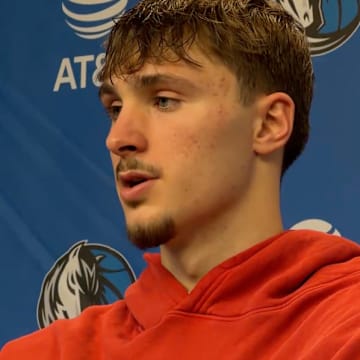 Cooper Flagg addresses the media after Dallas' loss on Wednesday. 