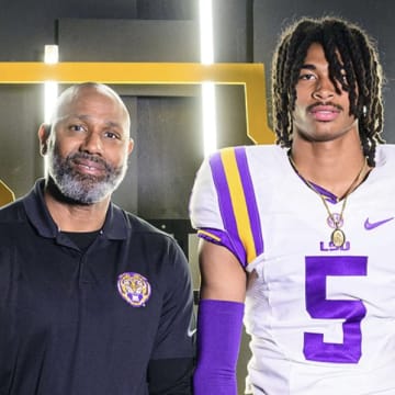 DJ Pickett with LSU secondary coach Corey Raymond during a visit to Baton Rouge.