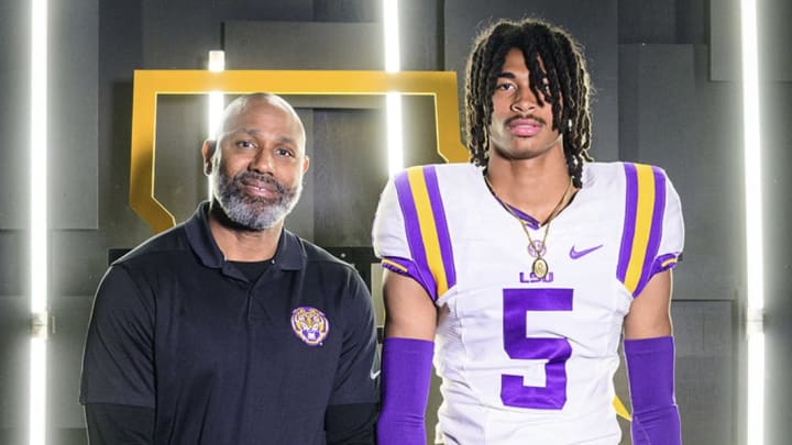 DJ Pickett with LSU secondary coach Corey Raymond during a visit to Baton Rouge.