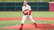Indiana pitcher Deron Swanson celebrated on the mound at Bart Kaufman Field during a recent Indiana baseball game.
