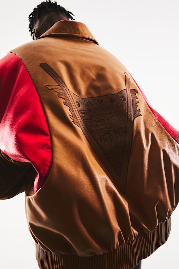 A close-up of former Denver Nuggets forward Jarred Vanderbilt's exclusively designed leather jacket with RtA as part of his c
