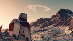 Starfield screenshot of an astronaut looking at a planet in the sky.