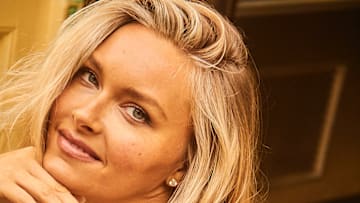Camille Kostek was photographed by Ben Watts in Portugal for BTS photos. Swimsuit by Zimmermann.