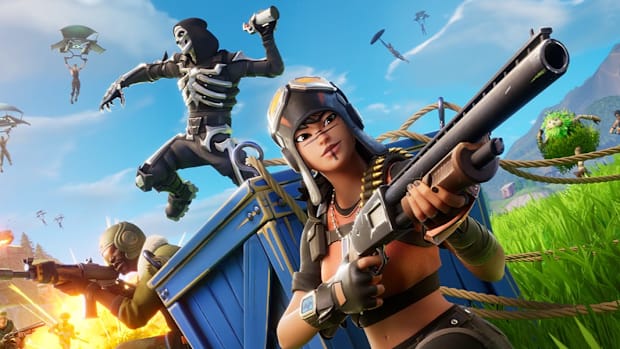 fortnite og key art showing a battle going on in a green field