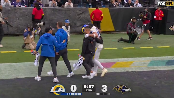 Puka Nacua was immediately helped to the locker room after injuring his leg against the Ravens. 