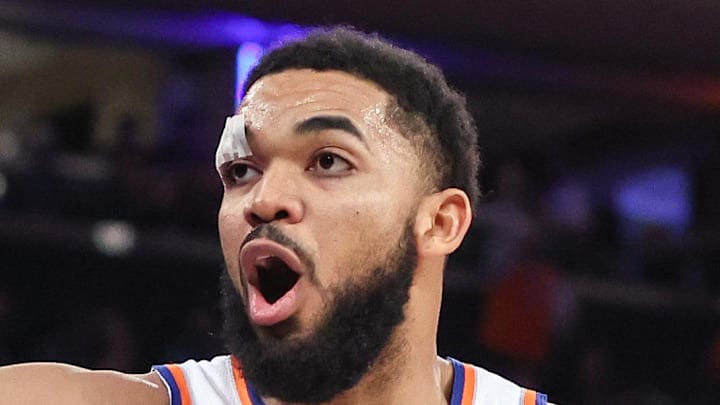 Feb 4, 2026; New York, New York, USA;  New York Knicks center Karl-Anthony Towns (32) celebrates in the second quarter against the Denver Nuggets at Madison Square Garden. Mandatory Credit: Wendell Cruz-Imagn Images