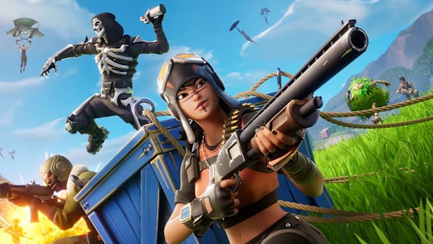 fortnite og key art showing a battle going on in a green field