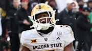 Nov 1, 2025; Ames, Iowa, USA;  Arizona State Sun Devils running back Raleek Brown (3) celebrates during their game with the Iowa State Cyclones at Jack Trice Stadium. Mandatory Credit: Reese Strickland-Imagn Images