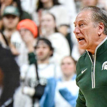 Michigan State's coach Tom Izzo calls out to players during the first half against Colgate on Monday, Nov. 3, 2025, at the Breslin Center in East Lansing.